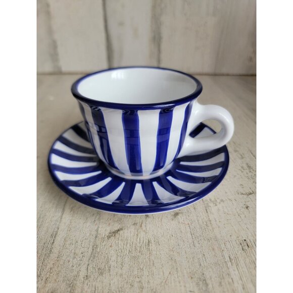City to cottage dark blue striped teacup mug saucer set - Picture 1 of 8